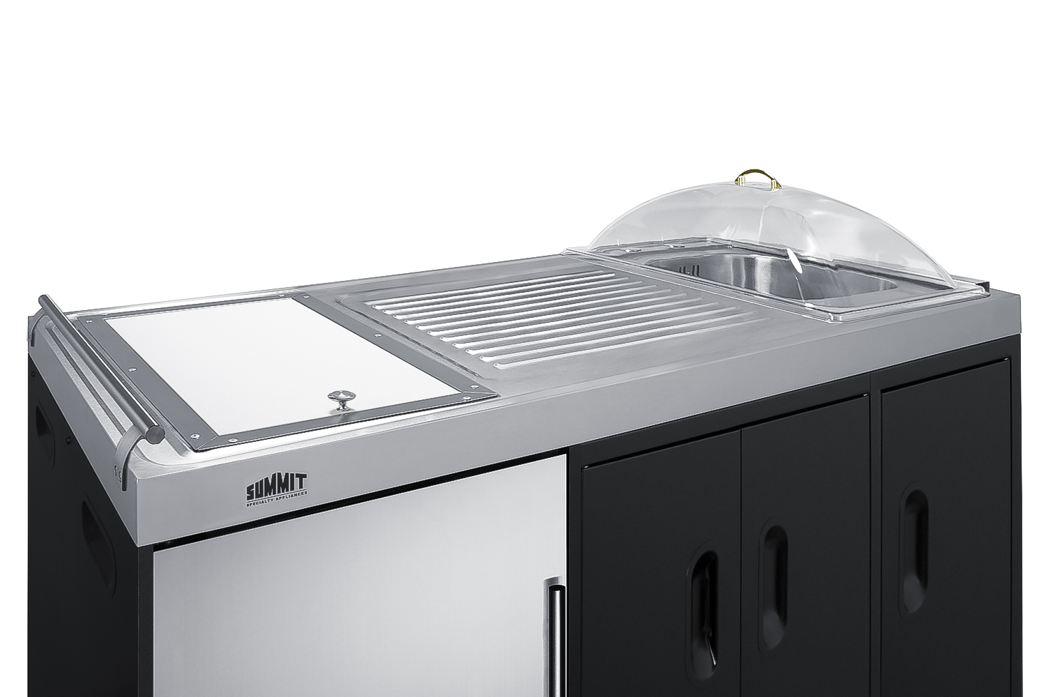 Mobile outdoor serving station with refrigerator, sink, storage cabinet, and slide-out waste bins